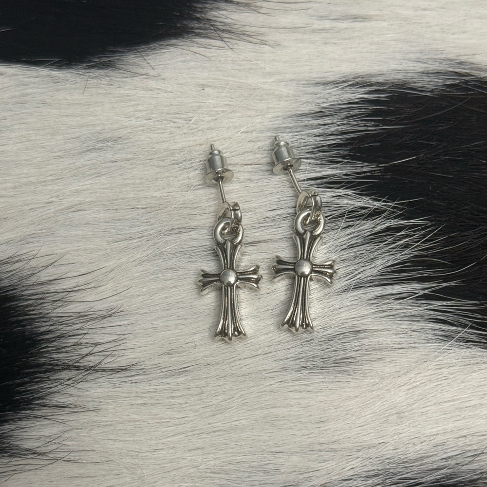 2002 Chrome Hearts Sterling silver Cross Post dangle earrings Pave Rhinestone - Picture 7 of 12